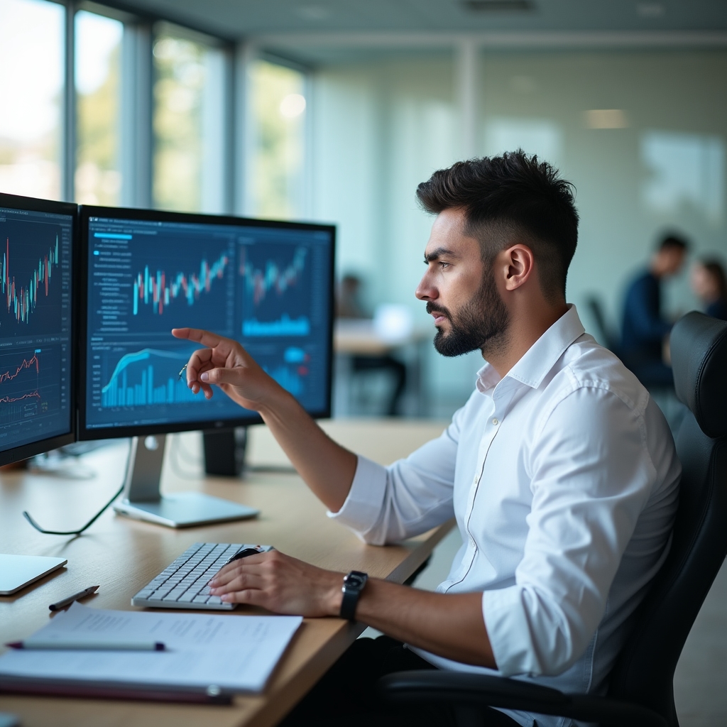 Экономист проводит анализ данных за компьютером