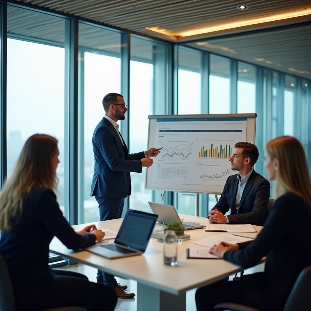 Финансовый аналитик проводит презентацию для команды